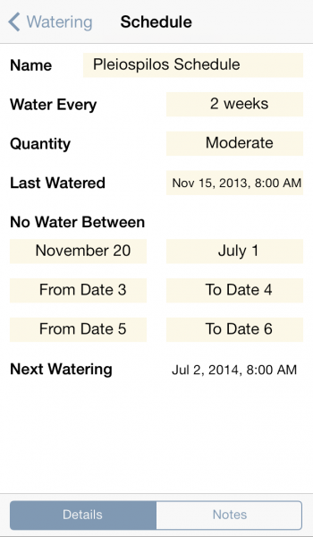 Watering Schedule Info screen