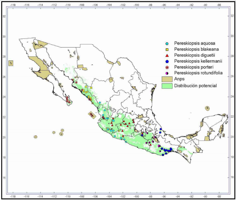 Figure 1; observed occurrences, potential habitat (green), protected areas (beige)